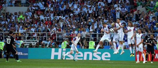 A Hisense advertising sign at the Iceland versus Argentina match. （Photo/China Daily）