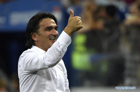Head coach Zlatko Dalic of Croatia celebrates victory after the 2018 FIFA World Cup round of 16 match between Croatia and Denmark in Nizhny Novgorod, Russia, July 1, 2018. Croatia won 4-3 (3-2 in penalty shootout) and advanced to the quarter-final. (Photo/Xinhua)