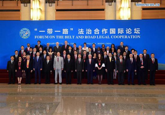 The Forum on the Belt and Road Legal Cooperation is held in Beijing, capital of China, July 2, 2018. Chinese State Councilor and Foreign Minister Wang Yi attended the opening ceremony and delivered a speech. (Xinhua)