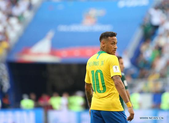 Neymar of Brazil is seen during the 2018 FIFA World Cup round of 16 match between Brazil and Mexico in Samara, Russia, July 2, 2018. (Xinhua/Li Ming)