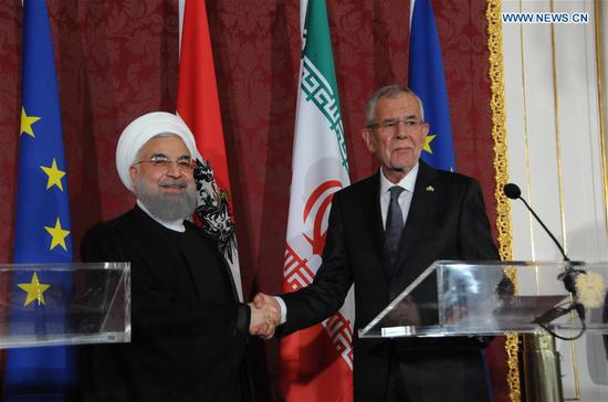 Iranian President Hassan Rouhani (L) and his Austrian counterpart Alexander Van der Bellen attend a press conference in Vienna, Austria, July 4, 2018. (Xinhua/Liu Xiang)