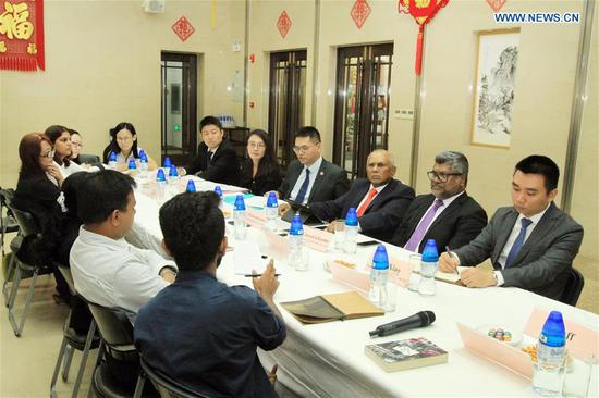 Photo taken on July 5, 2018 shows the scene of a media briefing held at the Chinese Embassy in Colombo, Sri Lanka. China is full of confidence in the future development of Sri Lanka and dismisses allegations that the island country faces a 