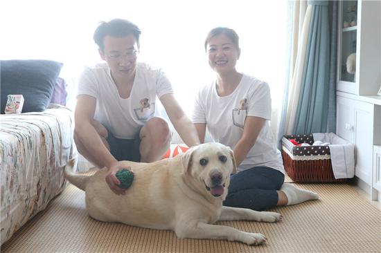 Wang Ping and her husband are providing a home for Bobo, a retired guide dog, in Beijing. (Wang Jing/China Daily)