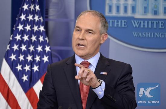 U.S. Environmental Protection Agency administrator Scott Pruitt speaks during a press briefing about President Donald Trump's decision to withdraw from the Paris Agreement at the White House in Washington D.C., the United States, on June 2, 2017. (Xinhua/Mike Theiler)