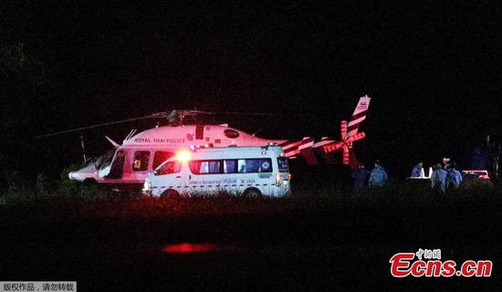 A Royal Thai Police helicopter carrying rescued schoolboys lands at a military airport in the northern province of Chiang Rai, Thailand, July 8, 2018.  (Photo/Agencies)