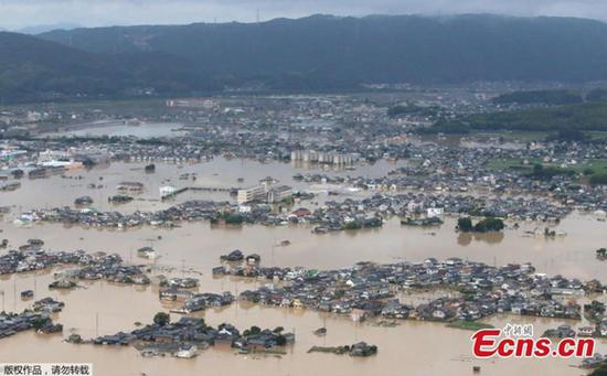 A flooded area is seen after heavy rain in Kurashiki, Okayama Prefecture, Japan, July 8, 2018.  (Photo/Agencies)