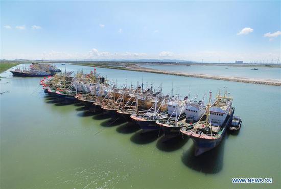 Fishing boats are seen at berth at a harbor in Songmen Township of Wenling City, east China's Zhejiang Province, July 9, 2018. A yellow-level alert has been issued and third-level emergency response has been activated to cope with approaching typhoon Maria, the eighth typhoon this year, in China's coastal provinces. (Xinhua/Liu Zhenqing)