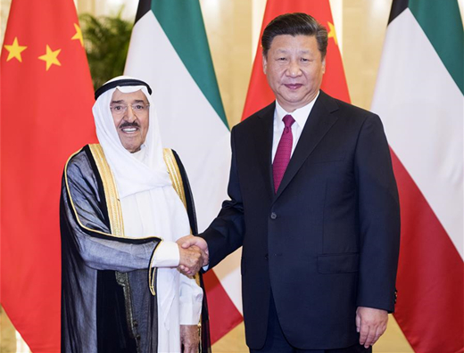 Chinese President Xi Jinping (R) holds a welcoming ceremony for Kuwaiti Emir Sheikh Sabah Al-Ahmad Al-Jaber Al-Sabah ahead of their talks at the Great Hall of the People in Beijing, capital of China, July 9, 2018. (Xinhua/Li Xueren)