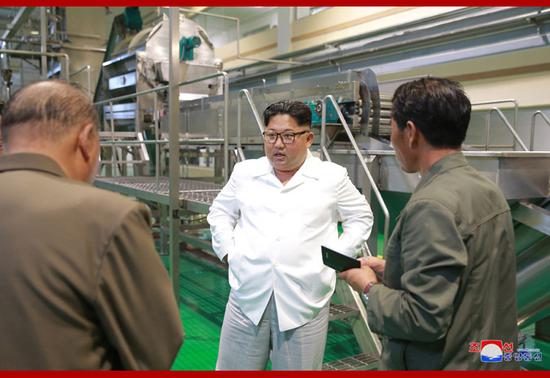 Kim Jong Un inspected a potato farina production factory in Samjiyon County, KCNA reported on July 10, 2018. /KCNA Photo