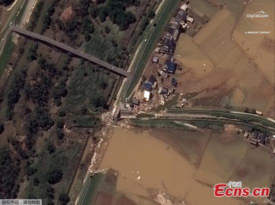 A satellite image captured on July 10, 2018 shows flooding along the Oda river in Kurashiki, Japan. (Photo/Agencies)