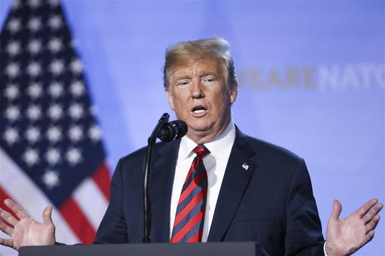 U.S. President Donald Trump speaks during a press conference on the second day of the NATO Summit in Brussels, Belgium, on July 12, 2018. (Xinhua/Ye Pingfan)