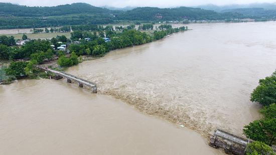 Floodwaters of the Fujiang River flow through the gap in the broken Heishuihao Bridge in Shehong county, Sichuan province, on Thursday. A sand mining ship struck the bridge earlier at the flood's peak, making the village of Heishuihao an isolated island. (Liu Changsong/For China Daily)