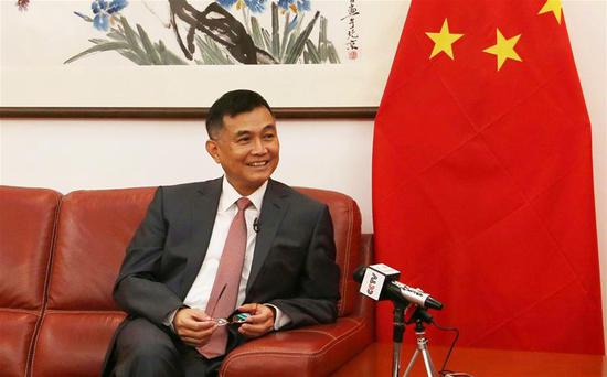 Chinese Ambassador Zhang Xun speaks during an interview in Dakar, Senegal, July 13, 2018. Chinese President Xi Jinping's upcoming state visit to Senegal will bring bilateral relations to a new level for the benefit of both peoples, said Chinese Ambassador Zhang Xun. (Xinhua/Xing Jianqiao)