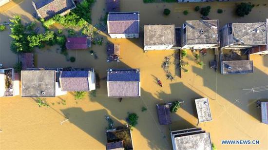 Aerial photo taken on July 8, 2018 shows the flooded area in Qiaoxi Village of Maxu Township of Fuzhou City, east China's Jiangxi Province.  [Photo: Xinhua/He Jianghua]