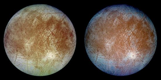 This image shows two views of the trailing hemisphere of Jupiter's ice-covered satellite, Europa. /NASA Photo