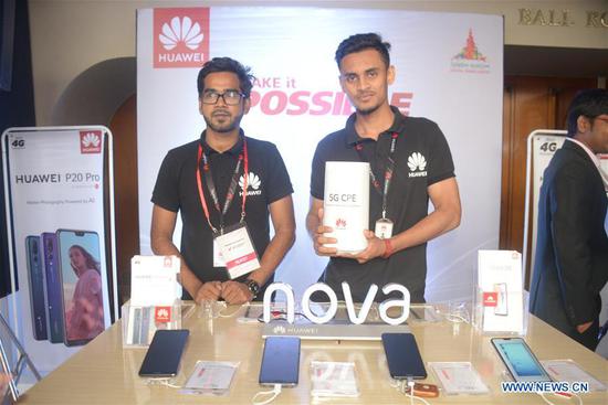 Huawei products are displayed on the sidelines of the Bangladesh 5G Summit 2018 in Dhaka, Bangladesh, on July 25, 2018. (Xinhua)
