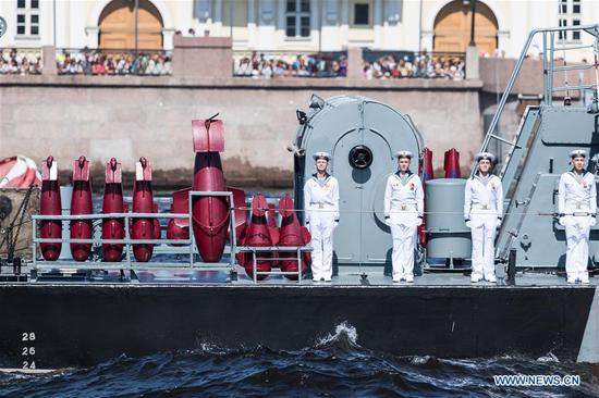 A warship is seen on Main Naval Parade to mark Russian Navy Day in St. Petersburg, Russia on July 29, 2018. The Navy Day is a national holiday in Russia that normally takes place on the last Sunday of July. (Xinhua/Wu Zhuang)