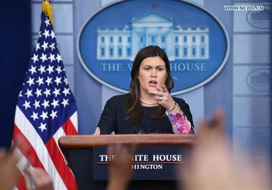White House press secretary Sarah Sanders speaks at a press briefing at the White House in Washington D.C., the United States, Aug. 1, 2018. Sarah Sanders said Wednesday that President Donald Trump's tweet earlier this morning urging Attorney General Jeff Sessions to shut down the ongoing Russia probe is an 