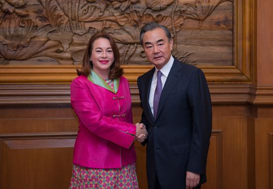 State Councilor and Foreign Minister Wang Yi meets with Maria Fernanda Espinosa Garces, the newly elected president of the UN General Assembly, at the Diaoyutai State Guesthouse in Beijing on August 6, 2018. (Photo/Xinhua)
