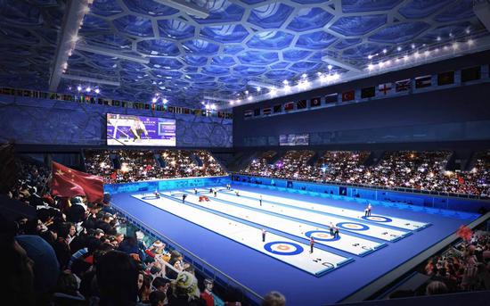 An artist's illustration shows what the National Aquatics Center will look like after renovations for the 2022 Winter Games, when it will host the curling competition. (Photo/CHINA DAILY)
