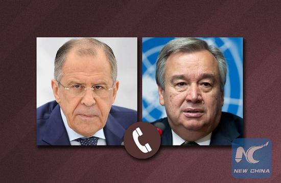 A Russian Foreign Ministry picture shows Russian Foreign Minister Sergei Lavrov (L) and United Nations Secretary-General Antonio Guterres.