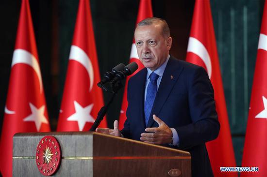 Turkish President Recep Tayyip Erdogan delivers a speech during Turkish ambassadors' conference at Presidential Palace in Ankara, Turkey, on Aug. 13, 2018.  (Xinhua/Turkish Presidential Palace)