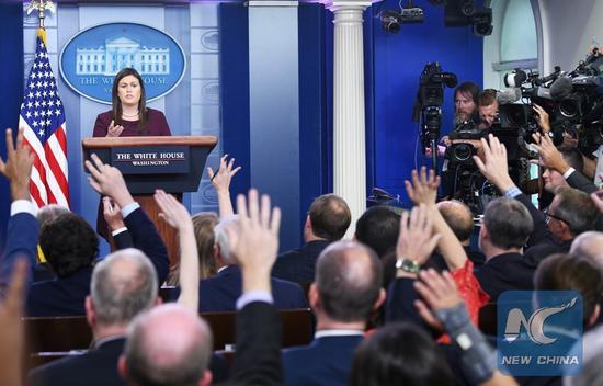 White House spokesperson Sarah Sanders attends a press briefing at the White House in Washington D.C., the United States, Aug. 14, 2018. (Xinhua/Liu Jie)