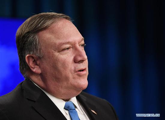 U.S. Secretary of State Mike Pompeo speaks during a press briefing in Washington D.C., the United States, Aug. 16, 2018. U.S. State Department on Thursday announced the creation of the Iran Action Group (IAG) to execute the administration's Iran strategy and pressure the country to change its behaviors. (Xinhua/Liu Jie)