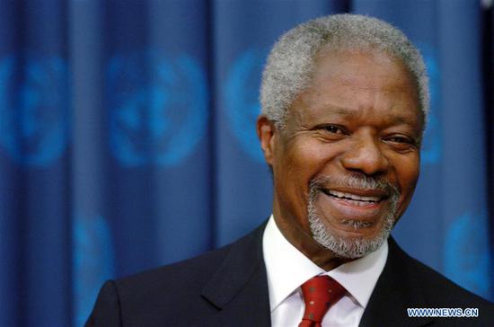 File photo taken on Dec. 19, 2006 shows then UN Secretary-General Kofi Annan smiling during his final press conference at the United Nations headquarters in New York. Multiple Ghanaian media sources have confirmed that former UN Secretary-General Kofi Annan died at a hospital in Switzerland on Saturday. He was 80 years old. (Xinhua/Zhao Peng)