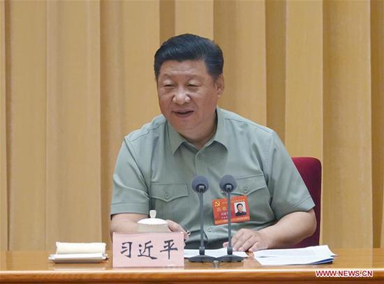 Chinese President Xi Jinping, also general secretary of the Communist Party of China (CPC) Central Committee and chairman of the Central Military Commission (CMC), speaks at a CMC meeting on Party building in Beijing, capital of China. The meeting was held from Aug. 17 to Aug. 19, 2018. (Xinhua/Li Gang)