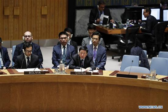 China's Deputy Permanent Representative to the United Nations Wu Haitao (R, Front) addresses a UN Security Council meeting at the UN headquarters in New York.  [File photo: Xinhua]