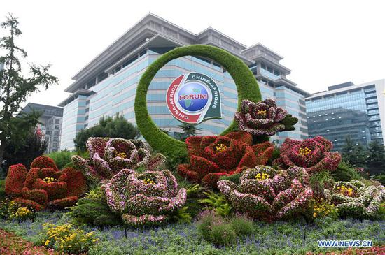 Photo taken on Aug. 28, 2018 shows a parterre to greet the 2018 Beijing summit of the Forum on China-Africa Cooperation (FOCAC), which is scheduled for Sept. 3-4 in Beijing, capital of China. (Xinhua/Luo Xiaoguang)
