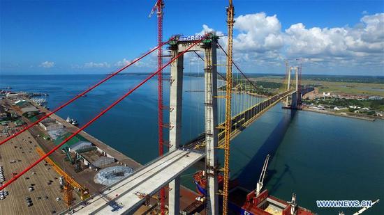 Aerial photo taken on May 8, 2018 shows the Chinese-built Maputo Cross-sea Bridge in Maputo, Mozambique. /Xinhua Photo