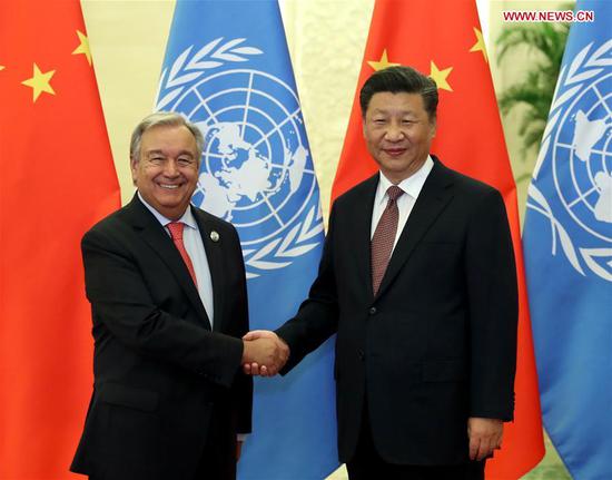 Chinese President Xi Jinping (R) meets with United Nations Secretary-General Antonio Guterres at the Great Hall of the People in Beijing, capital of China, Sept. 2, 2018. (Xinhua/Wang Ye)