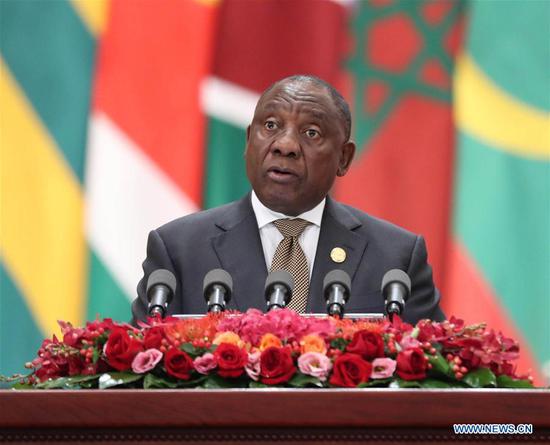 South African President Cyril Ramaphosa addresses the opening ceremony of the Beijing Summit of the Forum on China-Africa Cooperation (FOCAC) at the Great Hall of the People in Beijing, capital of China, Sept. 3, 2018. Ramaphosa co-chaired the event with Chinese President Xi Jinping. (Xinhua/Liu Weibing)