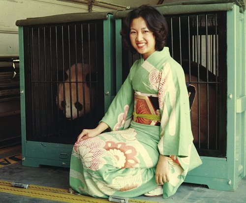 A Japanese woman has her photo taken with two pandas, Kangkang and Lanlan, on their way from Beijing to Tokyo in 1972. (Photo/Courtesy of Japan Airlines)
