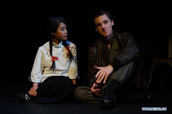 Actors perform during a rehearsal of off-Broadway show Flying Tiger Flying Away in New York, the United States, on Sept. 5, 2018.  (Xinhua/Lin Bilin)