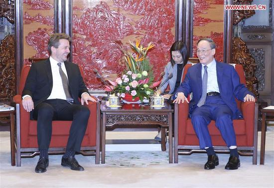 Chinese Vice President Wang Qishan (R) meets with Iceland's Foreign Minister Gudlaugur Thor Thordarson  (L) in Beijing, capital of China, Sept. 6, 2018. /Xinhua Photo