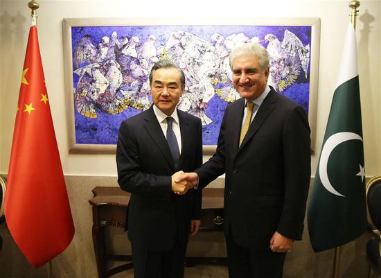 Chinese State Councilor and Foreign Minister Wang Yi holds talks with Pakistani Foreign Minister Shah Mahmood Qureshi in Islamabad, capital of Pakistan, Sept. 8, 2018. (Xinhua/Liu Tian)