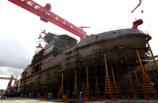 Photo taken on Aug. 14 shows the Xuelong 2 in construction at Jiangnan Shipyard Group in Shanghai. (Photo/Xinhua)