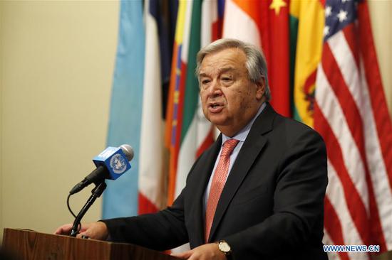 United Nations Secretary-General Antonio Guterres speaks during a press encounter at the UN headquarters in New York, Sept. 11, 2018. Antonio Guterres said Tuesday that it is 