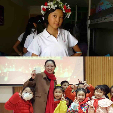 Above: Dong Lu was in the Ocean All-Russian Children's Center in 2008. Below: Dong Lu stay with her students. (Photo provided by Dong Lu)