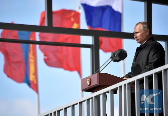 Russian President Vladimir Putin speaks at a military parade of the participants of the Vostok-2018 (East-2018) drills at Tsugol military training ground in Zabaikalsky region, Russia, on September 13, 2018. (KREMLIN PHOTO)