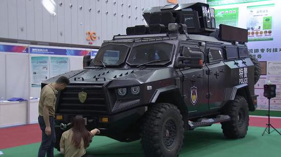  Special Weapons And Tactics anti-terrorism bulletproof police car in the display area of civil-military technology integration. /CGTN Photo