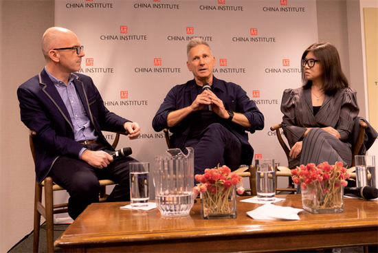 From left: Simon Collins, Harlan Bratcher and Wang Tao participate in a panel discussion at the China Institute on Tuesday night.