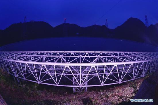 Photo taken on Sept. 11, 2018 shows China's Five-hundred-meter Aperture Spherical Radio Telescope (FAST) in southwest China's Guizhou Province. FAST has discovered 44 new pulsars so far. (Xinhua/Ou Dongqu)