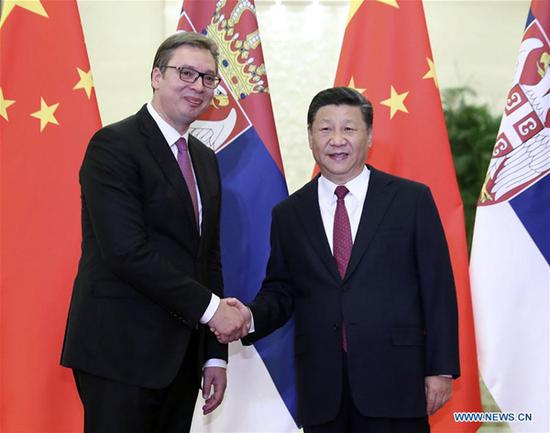 Chinese President Xi Jinping meets with Serbian President Aleksandar Vucic at the Great Hall of the People in Beijing, capital of China, Sept. 18, 2018. Aleksandar Vucic is in China to attend the Summer Davos Forum. (Xinhua/Ding Lin)