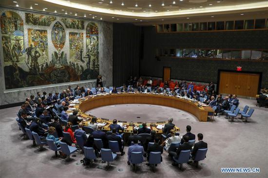 Photo taken on Sept. 18, 2018 shows a general view of the Security Council meeting on the situation in Syria at the UN headquarters in New York. (Xinhua/Li Muzi)