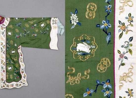 A costume (left) wore by actors who played the role of Flower Goddess of August in the Qing Dynasty; a close look (right) at the embroidery on the costume. (Photo/dpm.org.cn)