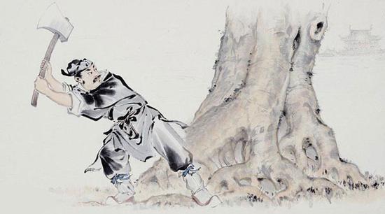 A Chinese painting depicts woodsman Wu Gang chopping a self-healing laurel tree in the Moon Palace. (file photo)